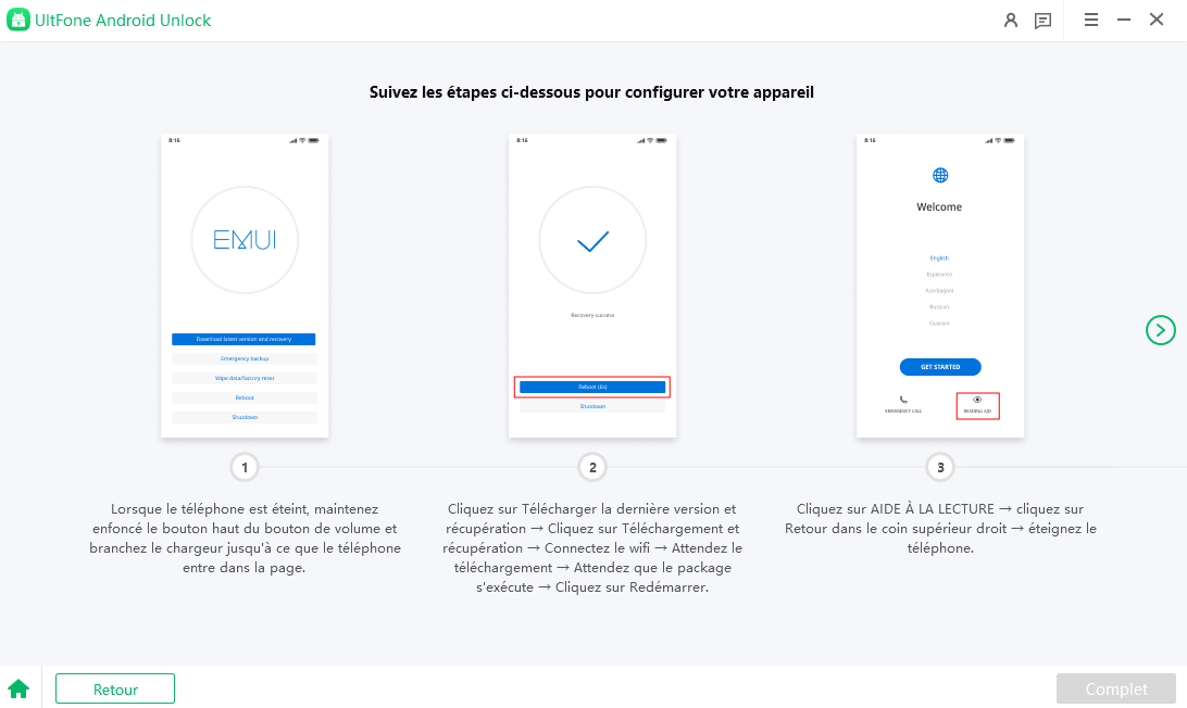 Suivez les instructions pour mettre votre Huawei en mode de récupération