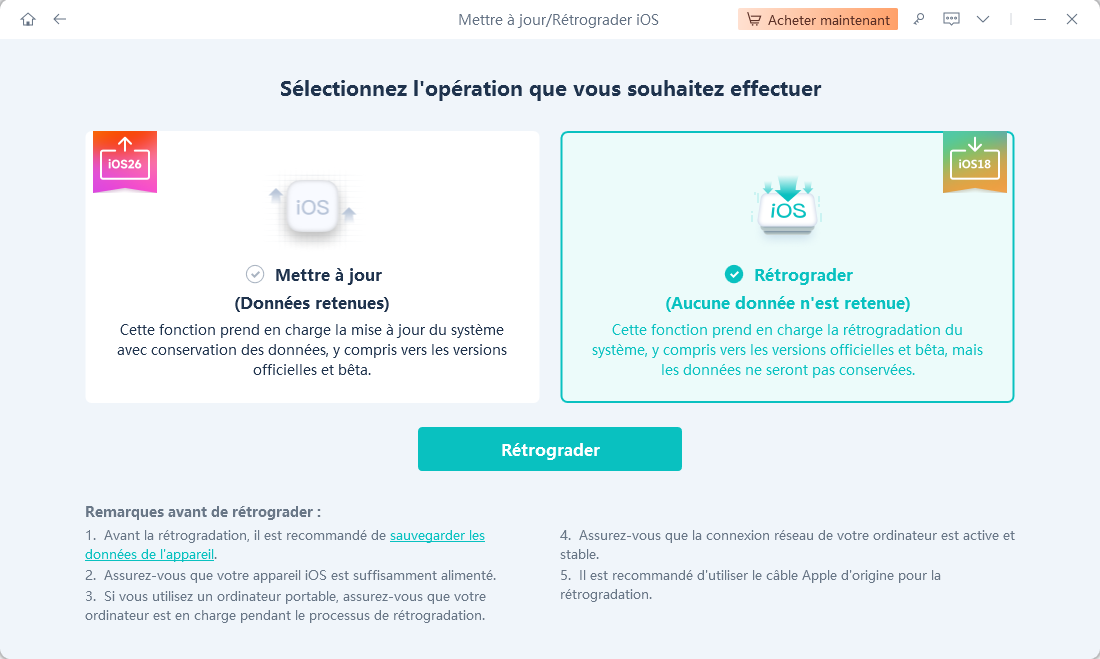 comment revenir à ios 18 depuis ios 26